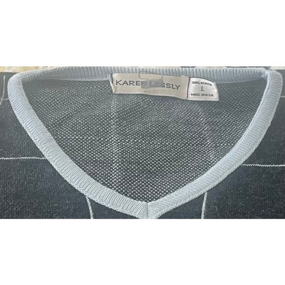 KAREN LESSLY LONG SLV V-NECK PULL-OVER SWEATSHIRT, WOMENS-L-GREY BLUE SQUARE GEO - Picture 2 of 12